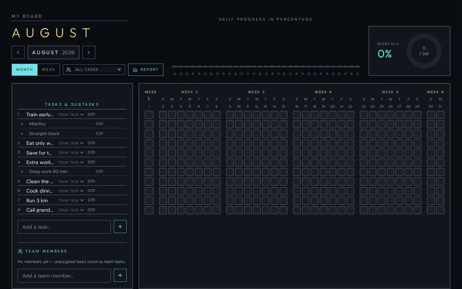 Monthly activity calendar grid with daily check marks, goals and reports
